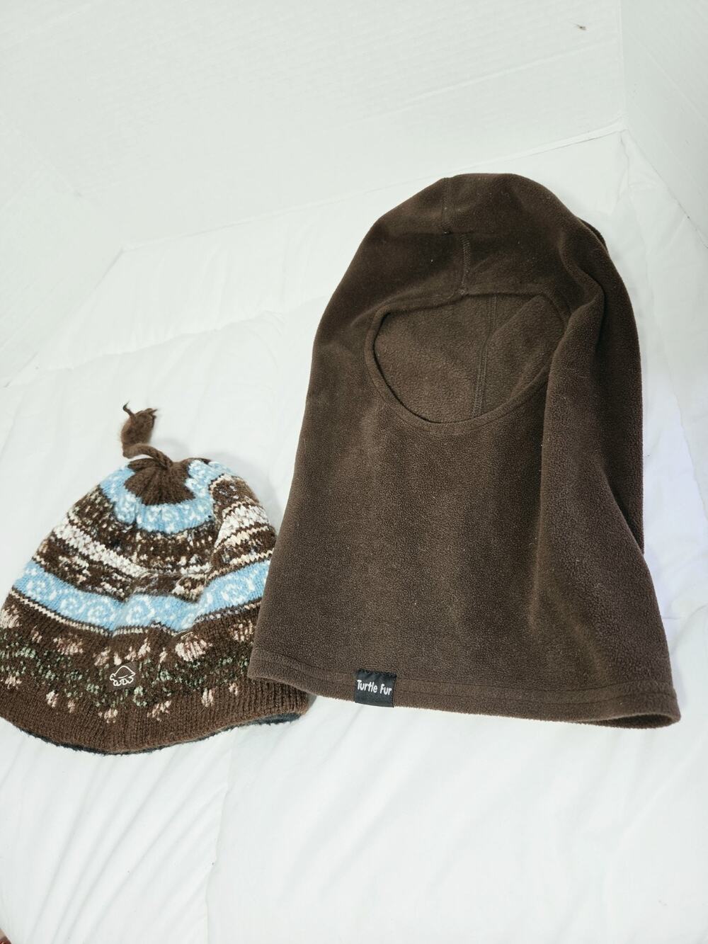 Turtle Fur Set 2 Adult Brown Knit Beanie Baklava Fairisle Wool Made USA Vtg 90's